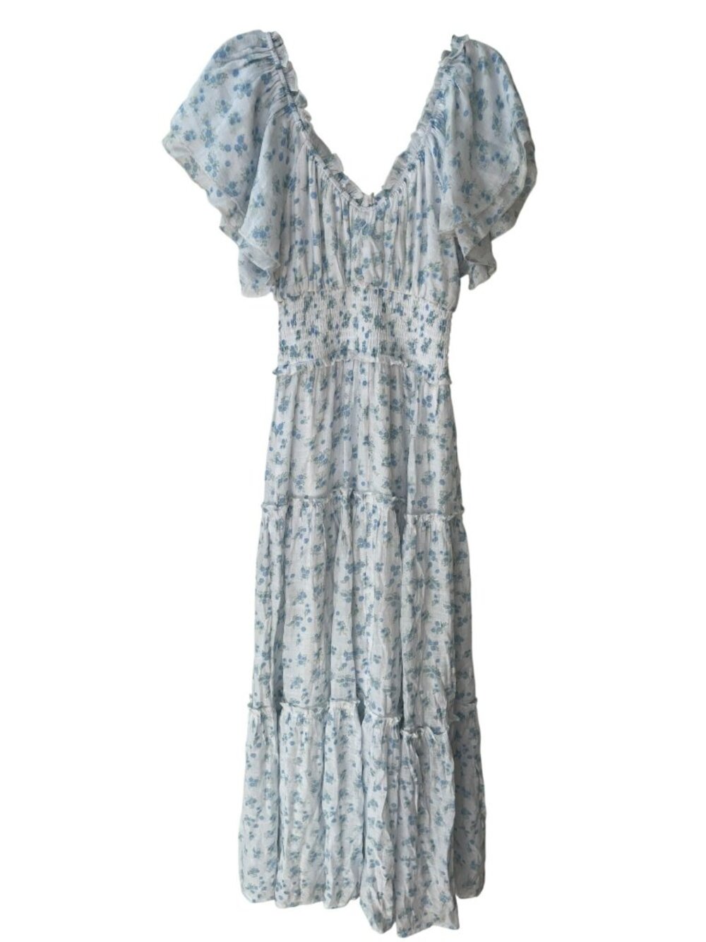 Altar'd State Floral Smocked Maxi Dress Ruffle Sleeves Lining Blue White Sz XXS - Picture 2 of 7